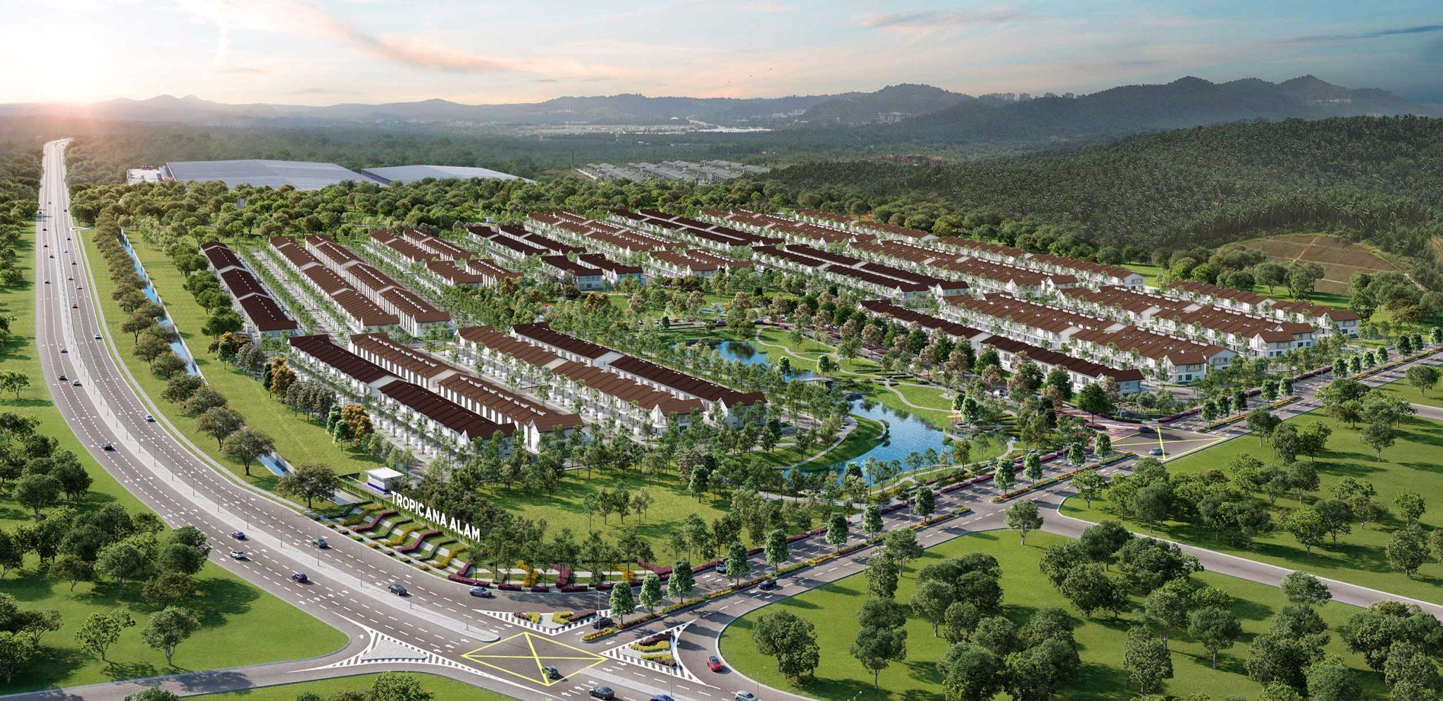 Aerial view of Tropicana Alam township, Puncak Alam, with terrace homes, the lake and the main road