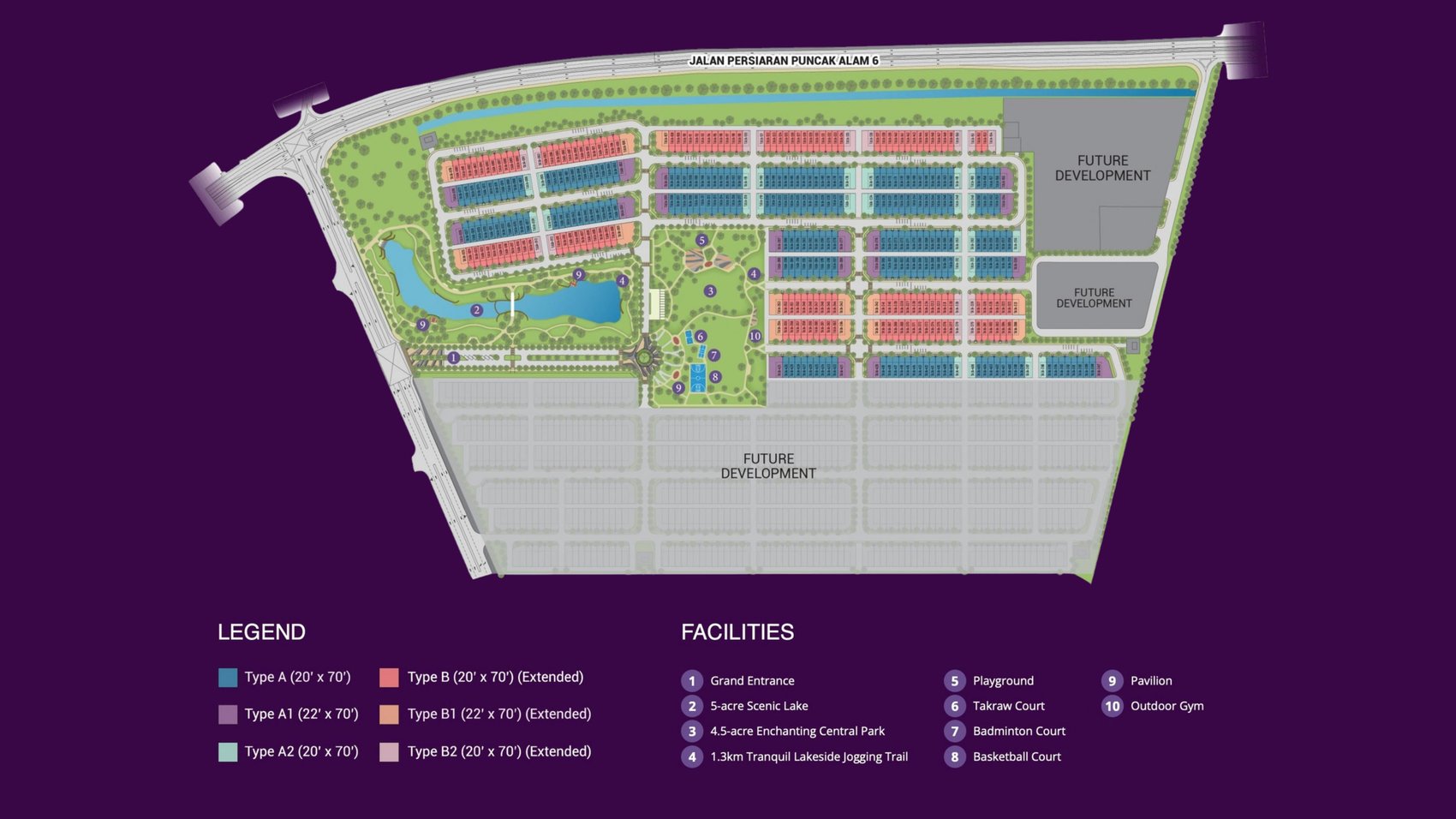 Avisa Residences Phase 1 site plan showing unit types, lake, Central Park and facilities