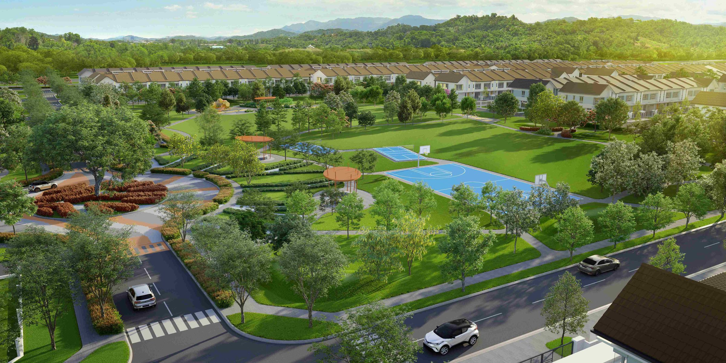 Central Park with sports courts, pavilions and playground beside the homes (Artist's Impression)