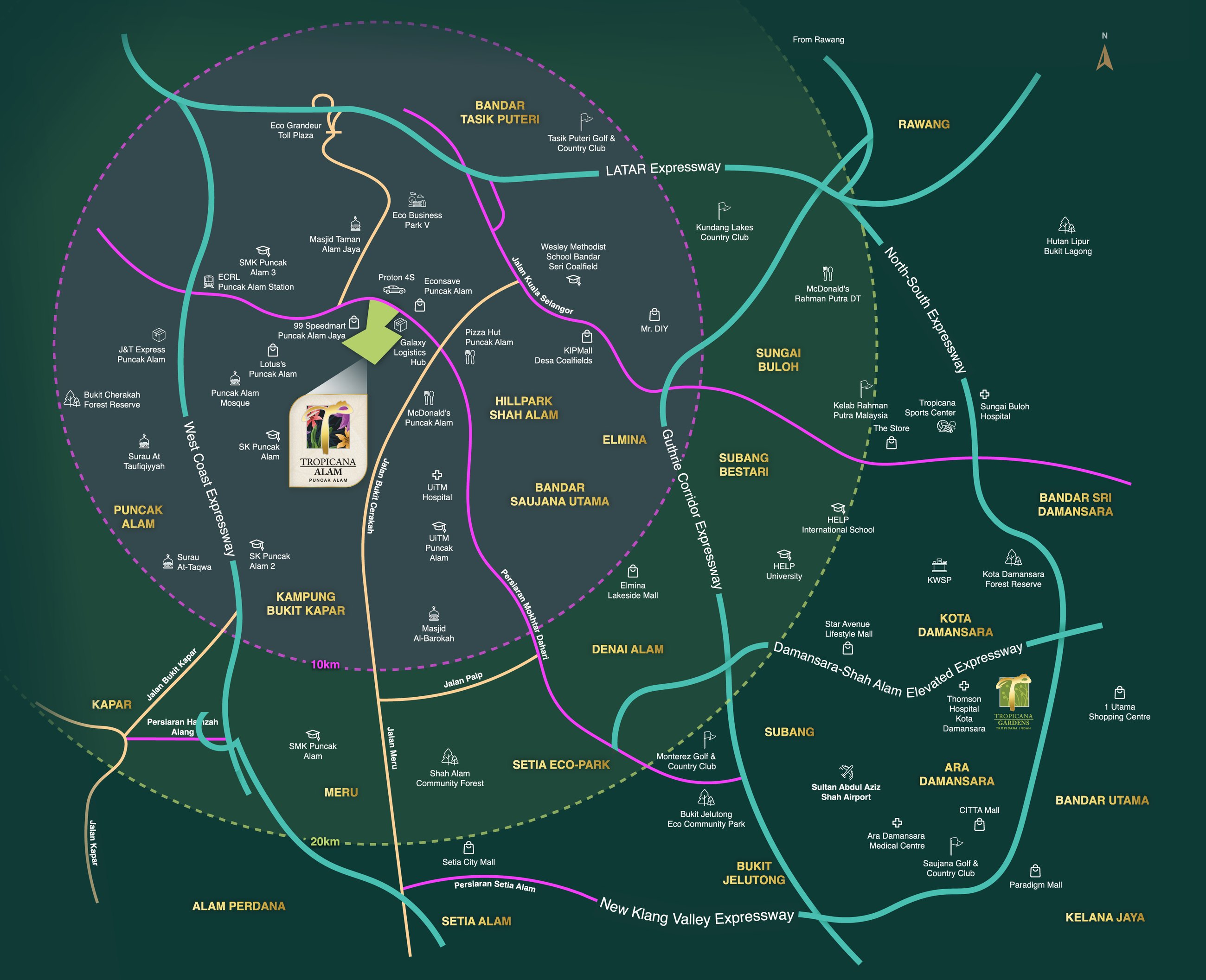 Location map of Tropicana Alam, Puncak Alam, showing the LATAR, GCE, DASH, NKVE, NSE and WCE expressways with 10km and 20km radius rings