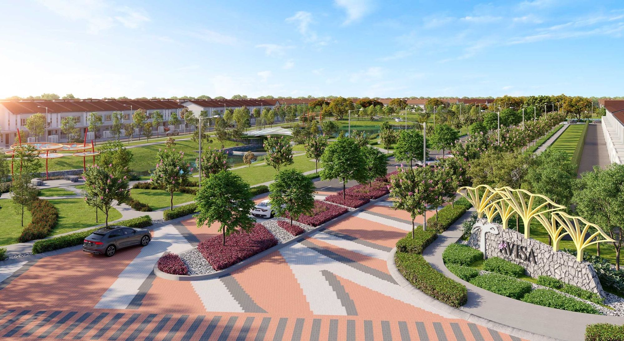 Avisa Residences entrance statement with signage, landscaped boulevard and park (Artist's Impression)