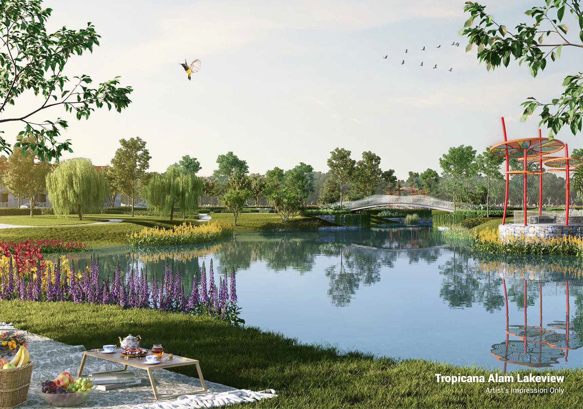 Scenic lake with pedestrian bridge and flowering gardens (Artist's Impression)